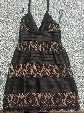 BCBG Black Lace Overlay Mini Dress with Nude Underlay